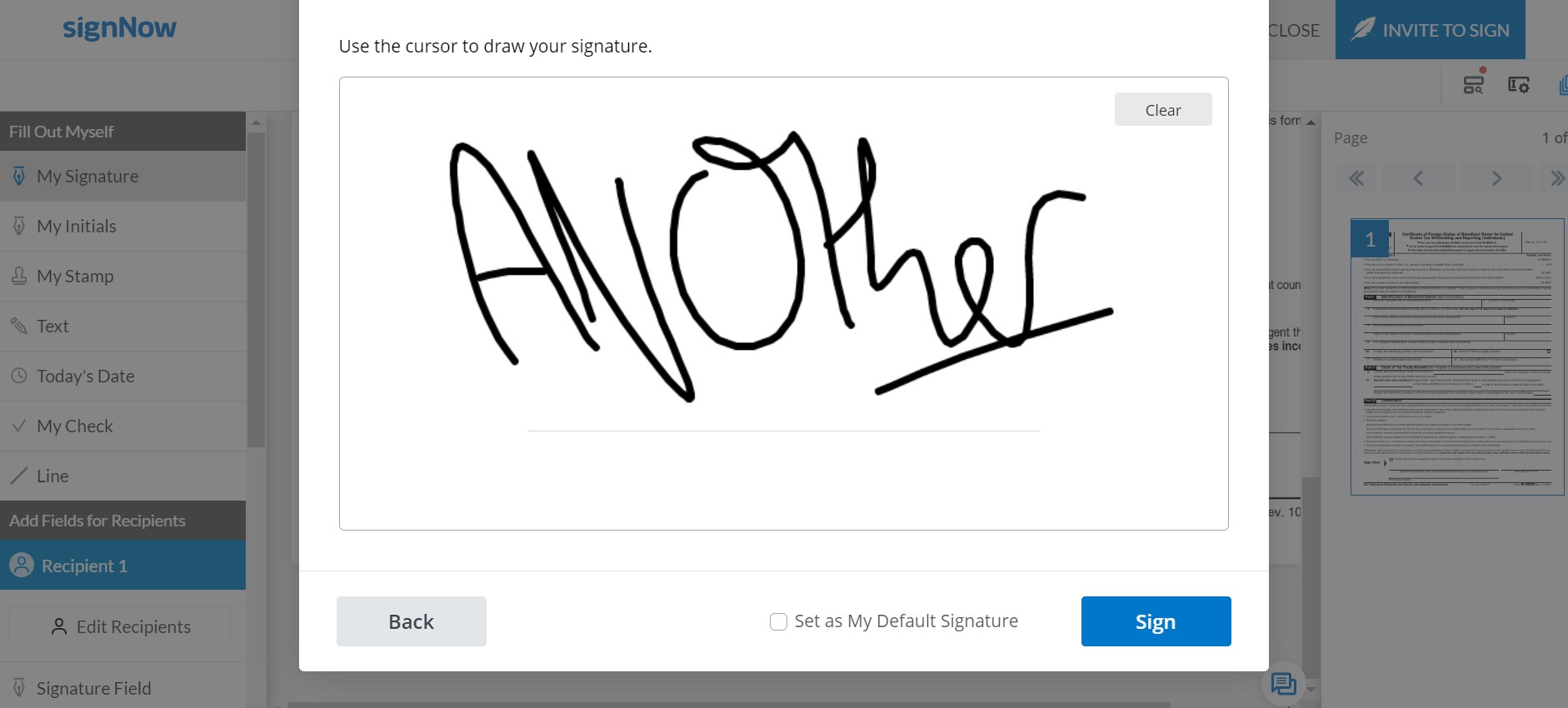 Kuvakaappaus SignNow-käyttöliittymässä piirretystä allekirjoituksesta
