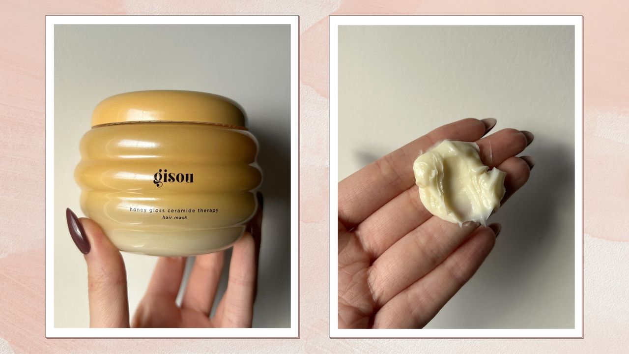 (L-R) Hand holding the honeycomb-like pot of the Gisou Honey Gloss Ceramide Hair Mask and a swatch of the hair mask on fingers, on a pink watercolour background