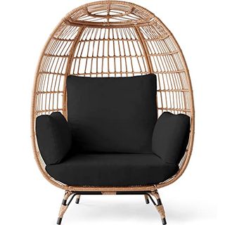 Best Choice Products Wicker Egg Chair, Oversized Indoor Outdoor Lounger for Patio, Backyard, Living Room W/ 4 Cushions, Steel Frame, 440lb Capacity - Black