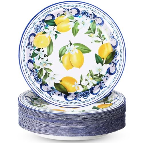 Potchen 100 Pack Capri Lemon Paper Plates Set 7 in Blue Tiles Yellow Disposable Plates Lemon Birthday Party Supplies Favor, Serve 100 Guest