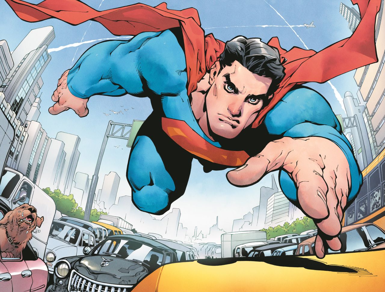 Superman soars.