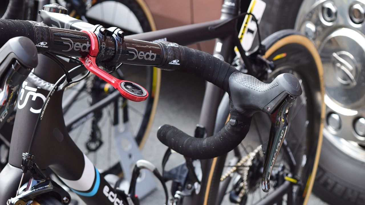 Former Swiss national champion Silvain Dilier and last year's second place finisger has a red computer mount and sunglasses retained from last year's custom bike and kit
