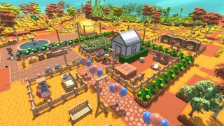 A colours farm with paddocks, a water fountain and balloons alongside trees and crops 