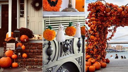 Pumpkins on the steps on a porch with black lanterns / Craft projects for Halloween. Orange handmade Pom-pom pumpkins and tassel ghosts hanging from a mantlepiece./ A large pumpkin arch in public