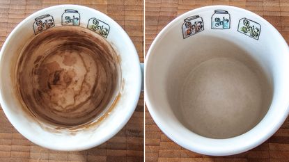 Two pictures of white coffee cups on wooden chopping boards - one with brown stains in it and one clean