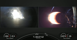 On the left, the first stage of the Falcon 9 rocket begins its engine burn as, on the right, the Inspiration4 mission continues into space on Sept. 15, 2021.