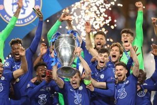 Chelsea's players celebrate their Champions League final win over Manchester City in 2021.