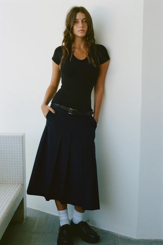 Box Pleat Belted Midi Skirt