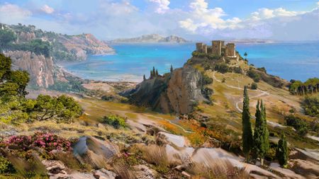 A beautiful coastal Mediterranean biome as depicted in concept art for Total War: Medieval 3