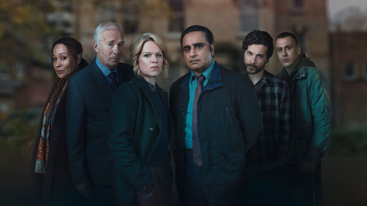 (L-R): Sanjeev Bhaskar as DI Sunny Khan, Sinead Keenan as DCI Jessica James, Martina Laird as Ebele Falade, Ian Mcelhinney as Lord Tony Hume, Max Rineheart as Karol Wojski and Rhys Yates as Jay Royce in Unforgotten season 5