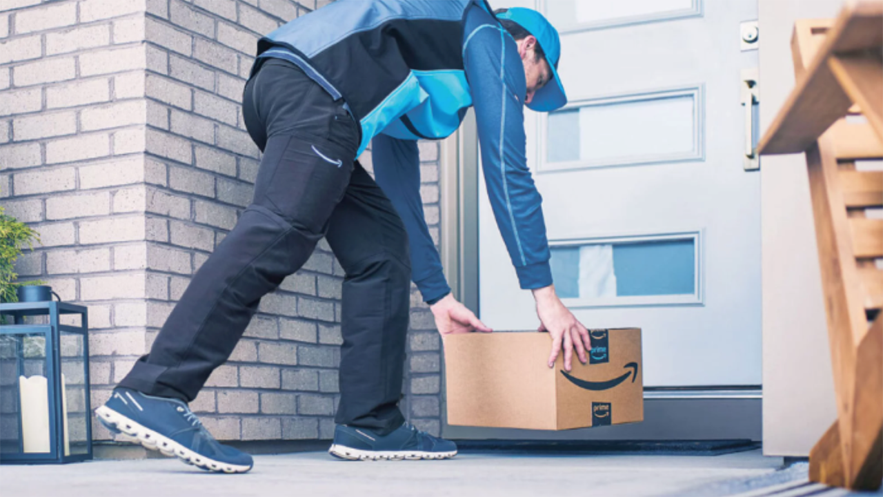 Amazon driver delivering package to a doorstep