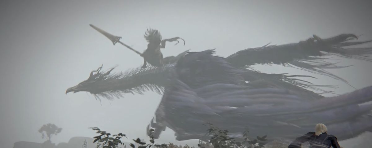 Zoomed in shot of dragon riding boss enemy from Elden Ring Nightreign's debut trailer, showing similarities to Elden Ring's Nameless King