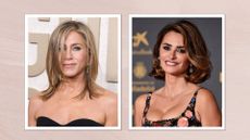 Jennifer Aniston is pictured with a long layered bob at the 81st Annual Golden Globe Awards at The Beverly Hilton on January 7, 2024 in Beverly Hills, California, alongside a picture of Penélope Cruz with a bouncy layered bob on the red carpet at the Goya Awards 2024 at Feria de Valladolid on February 10, 2024 in Valladolid, Spain/ in a pastel pink template