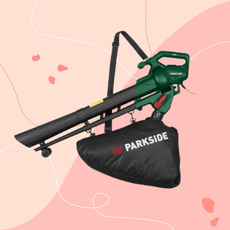 Lidl leaf blower on pink background