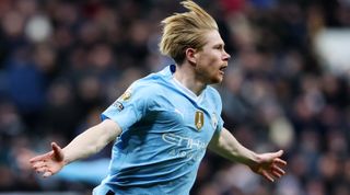 Kevin De Bruyne celebrates after scoring for Manchester City against Newcastle United in January 2024.