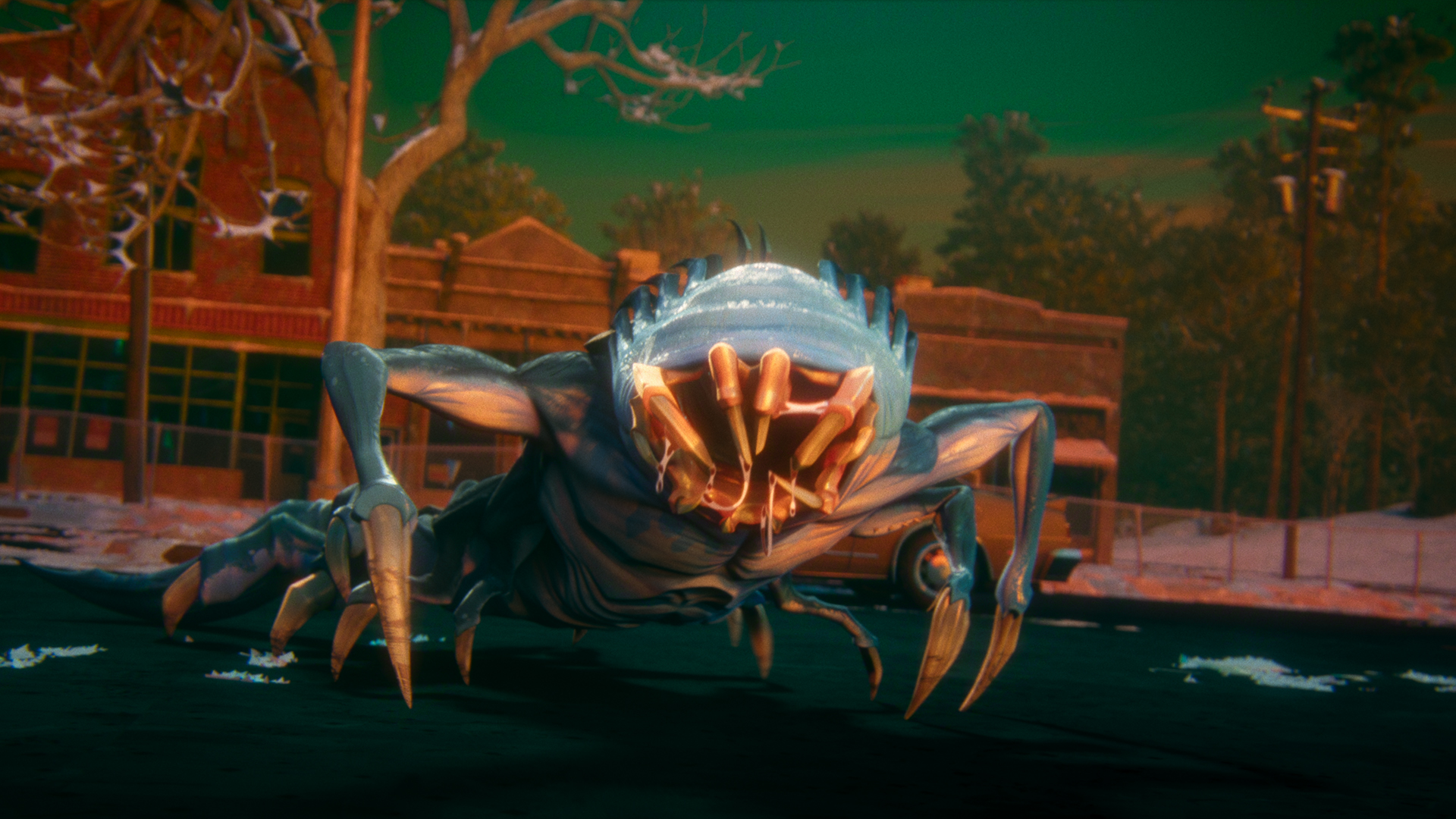 A multi-legged monster with giant teeth standing in front of a building in Stranger Things: Tales From 85