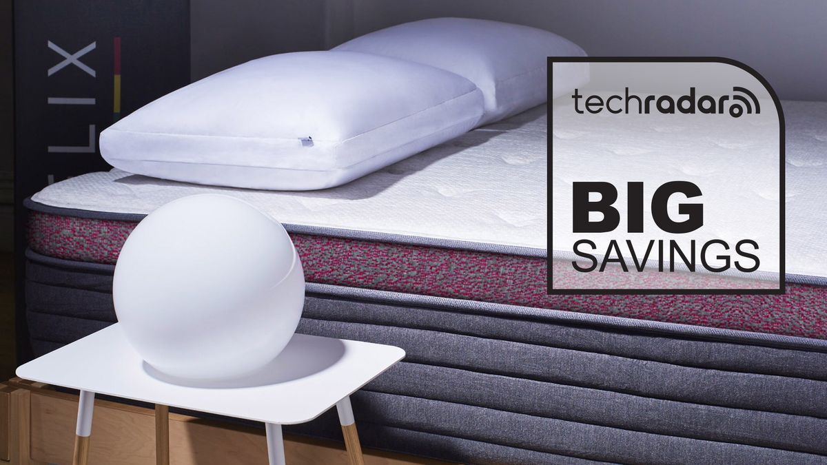 The Helix Dusk Luxe mattress with a graphic overlaid saying &quot;BIG SAVINGS&quot;