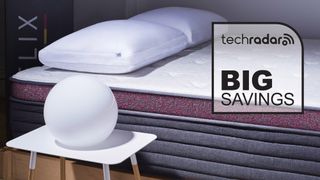 The Helix Dusk Luxe mattress with a graphic overlaid saying "BIG SAVINGS"