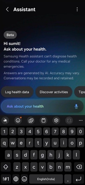 A screenshot of the Samsung Health Assistant chat test, which lets users ask the AI about ways to improve their health using their specific data and trends.