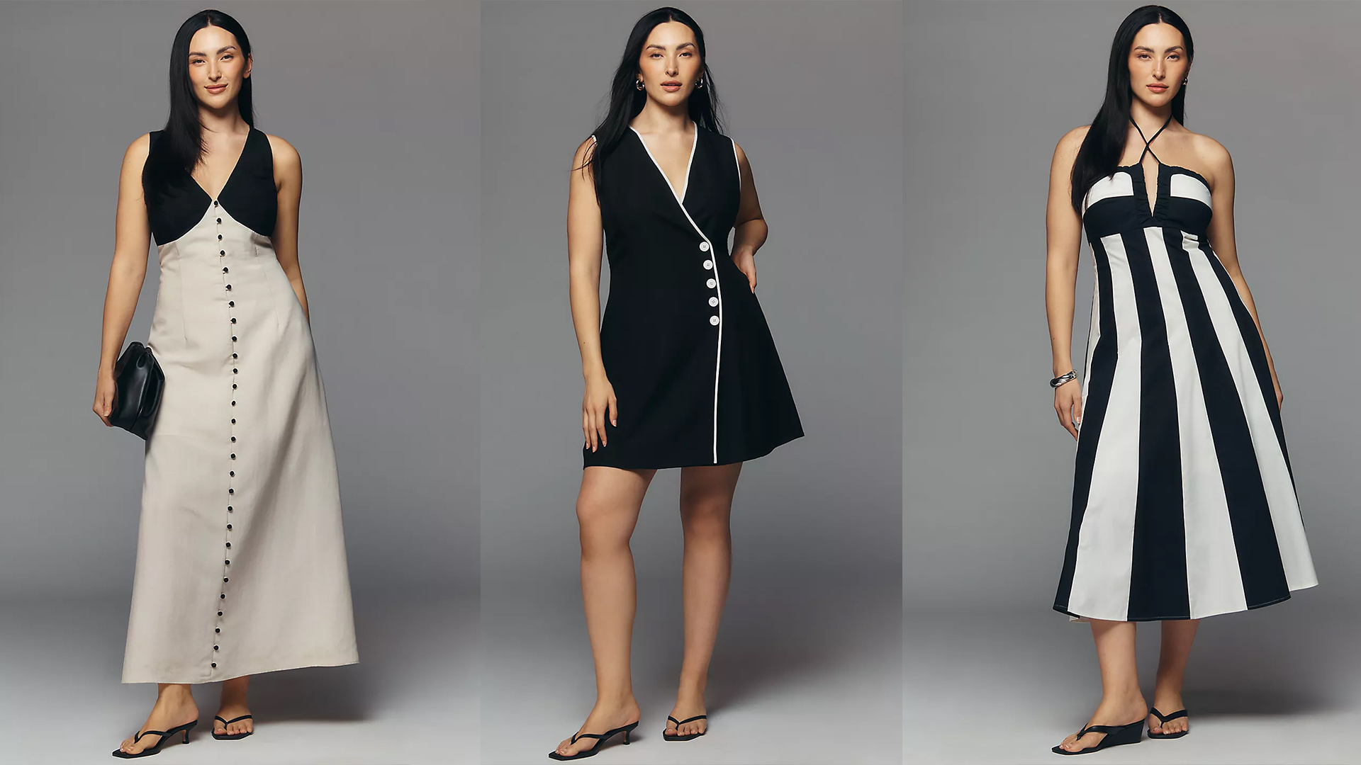 One model wears three different black and white dresses while posing. 