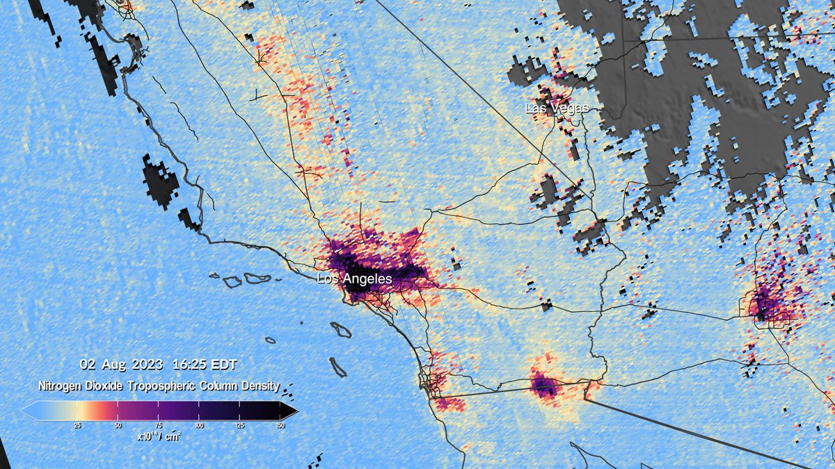 Concentrations of nitrogen oxide in Los Angeles revealed by NASA's new air pollution sensor, TEMPO.