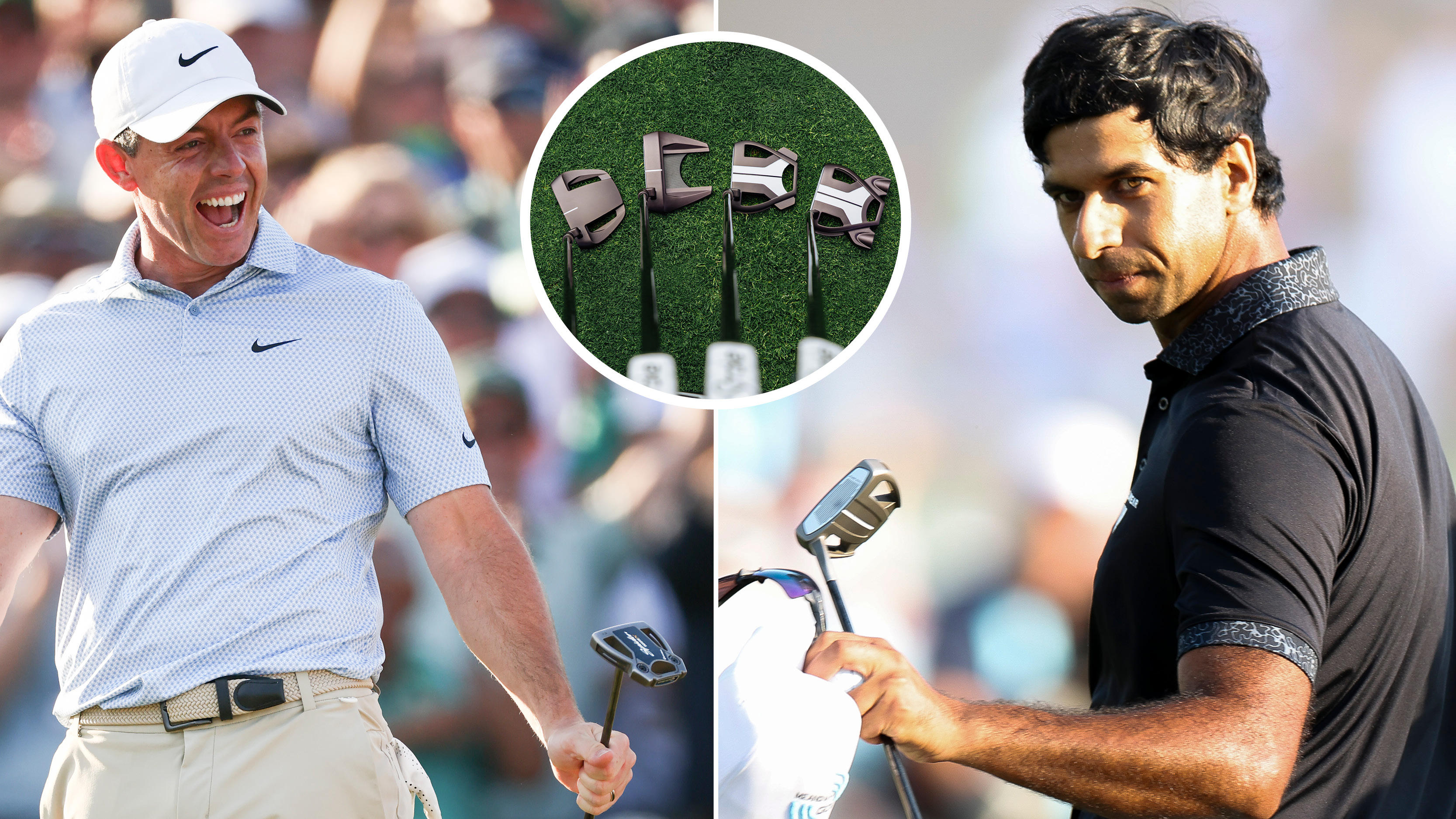 Rory McIlroy and Aaron Rai celebrate their Major triumphs on the 18th green, with a circle featuring four different TaylorMade putters
