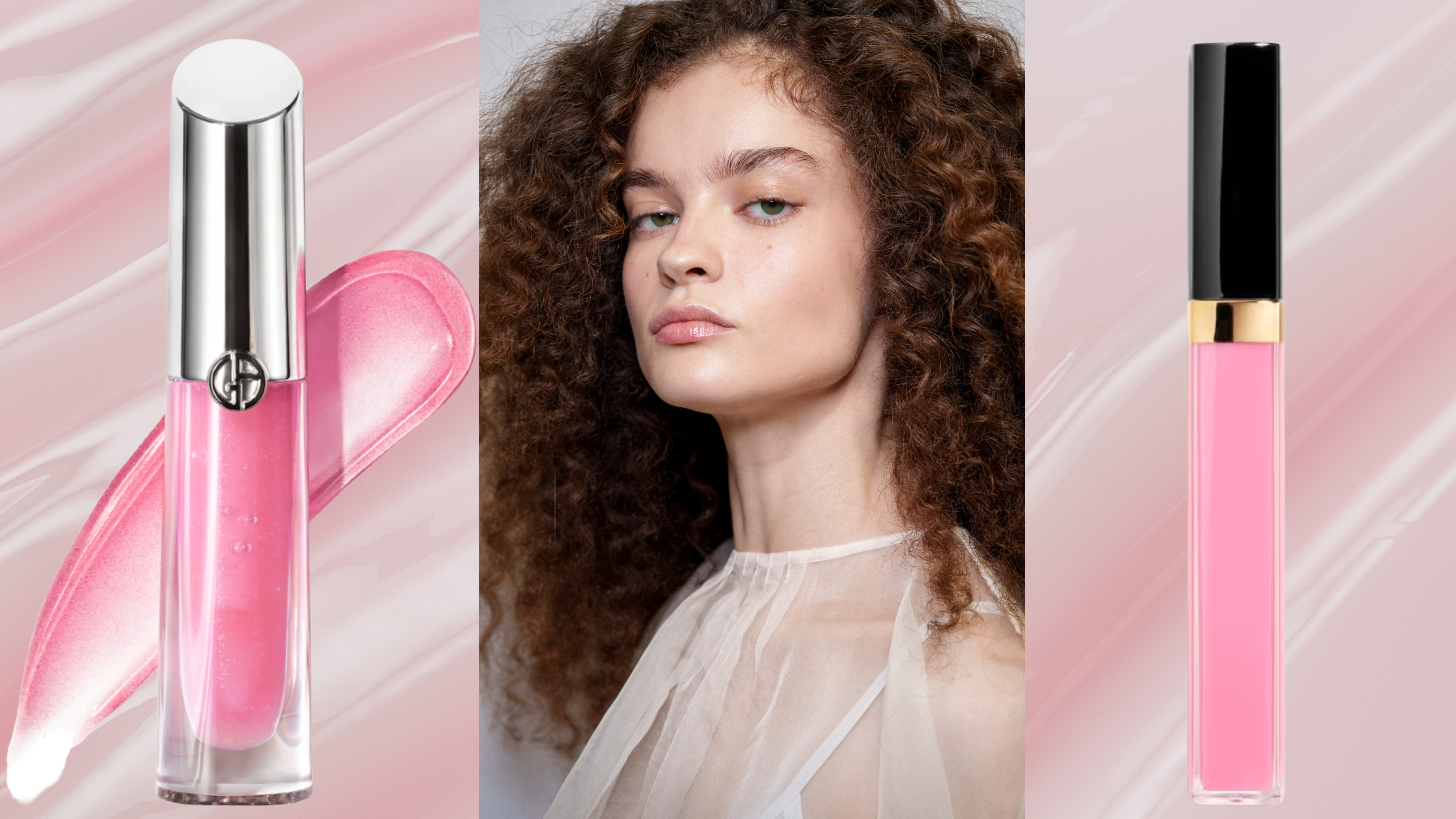 A woman wearing pink lip gloss with glowing skin and curly hair flanked by two lip glosses.
