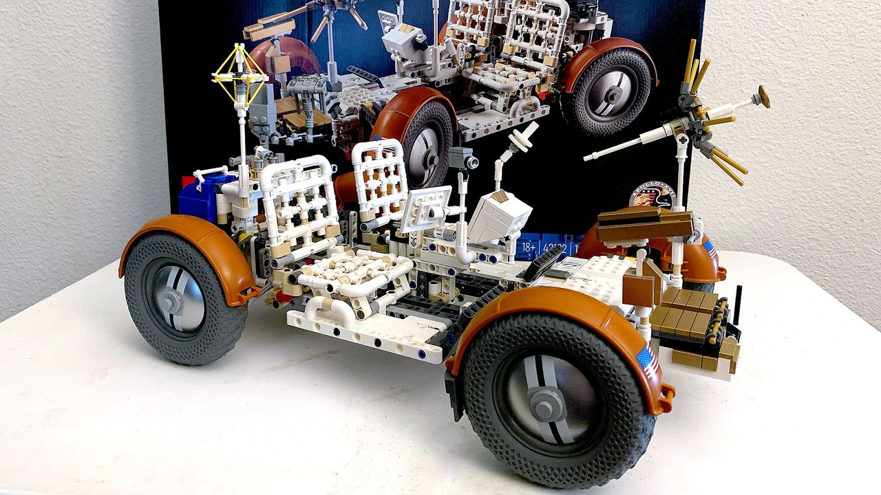 The Lego Technic NASA Apollo Lunar Roving Vehicle-LRV set builds a detailed replica of the historic moon buggy.