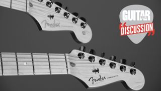 Two Fender Stratocaster headstocks