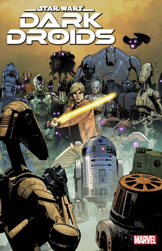 Luke Skywalker raises his lightsaber in a room full of menacing-looking droids