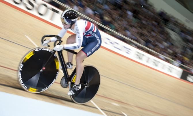 Becky James of Great Britain at speed in the Women's Team Sprint