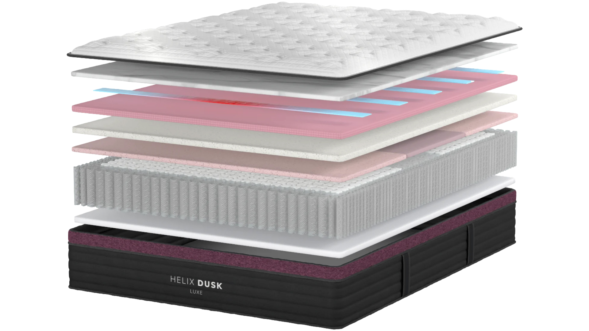 An exploded chart showing the interior layers of the Helix Dusk Luxe mattress, including the springs, foams, and options ErgoAlign foams and CoolForce bands
