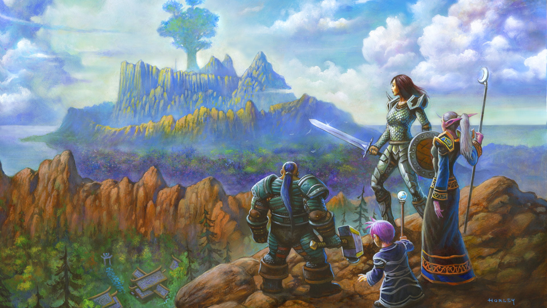 Painted key art by Alex Horley for World of Warcraft, cropped for a header image, depicting the Alliance faction looking out across forests and mountains