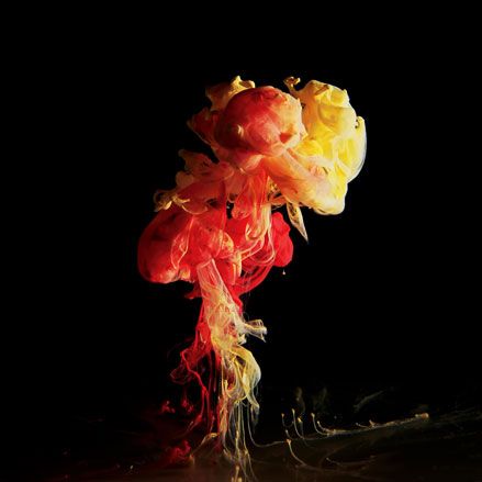 Drops of yellow and red paint dropped into water