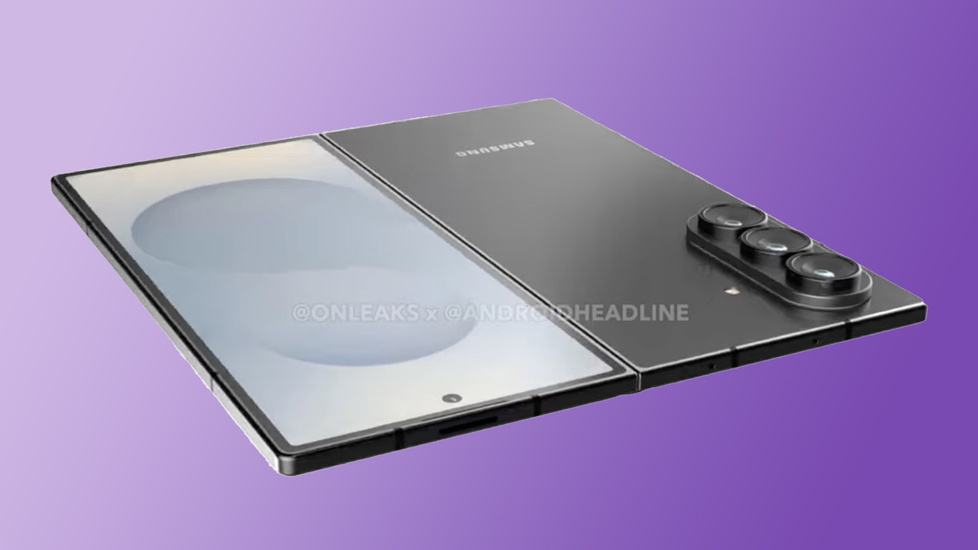 Leaked render of the Samsung Galaxy Z Fold 7, unfolded on a purple gradient background.