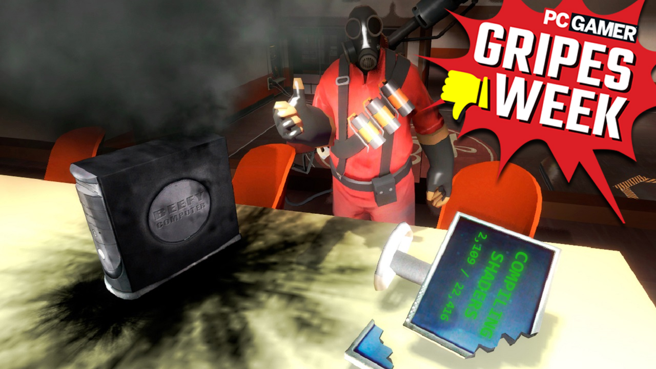 A pyro standing next to a computer they smashed because shaders took to long to load