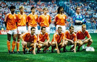 The Netherlands team at the 1990 World Cup, ahead of their group match against the Republic of Ireland.