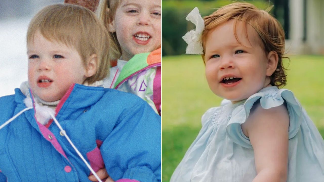 Princess Lilibet wears a blue dress and has a blue bow in her hair, Princess Eugenie and Princess Beatrice are seen skiing with their mother