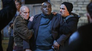 Samuel (Paterson Joseph) being manhandled by Vinnie's goons in Boat Story episode 2