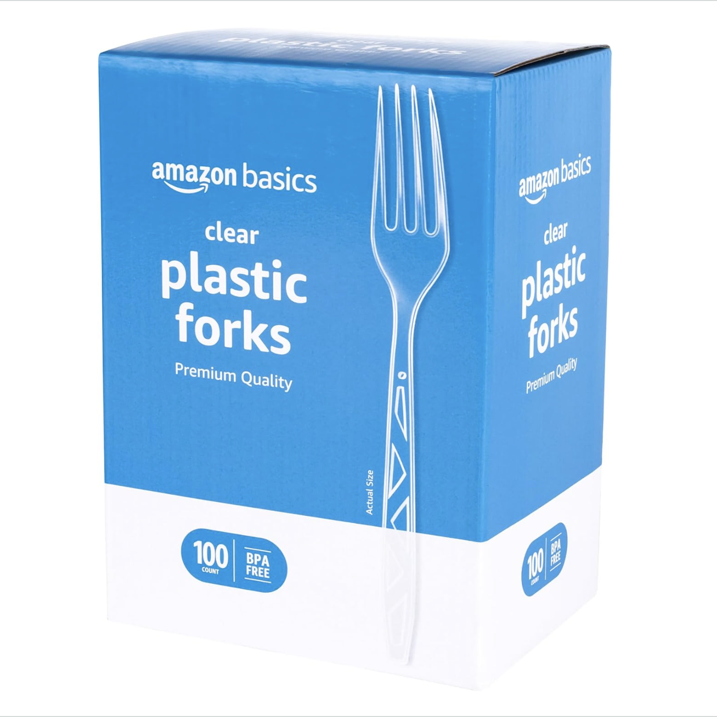 A blue and white box of plastic forks