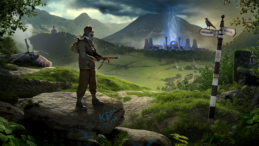 Atomfall review; a soldier in a post-apocalyptic landscape stands vigilant, overlooking a futuristic, ominous structure in the distance
