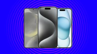 Apple iPhone 15 Pro, iPhone 15, and Samsung Galaxy S24 on blue background