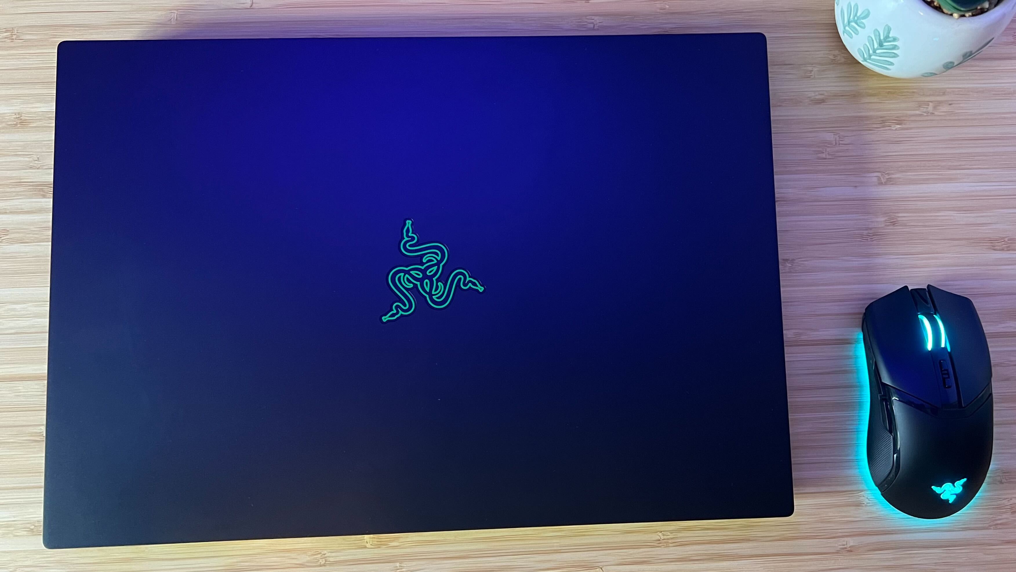 Razer Blade 16 lid closed on a wooden table