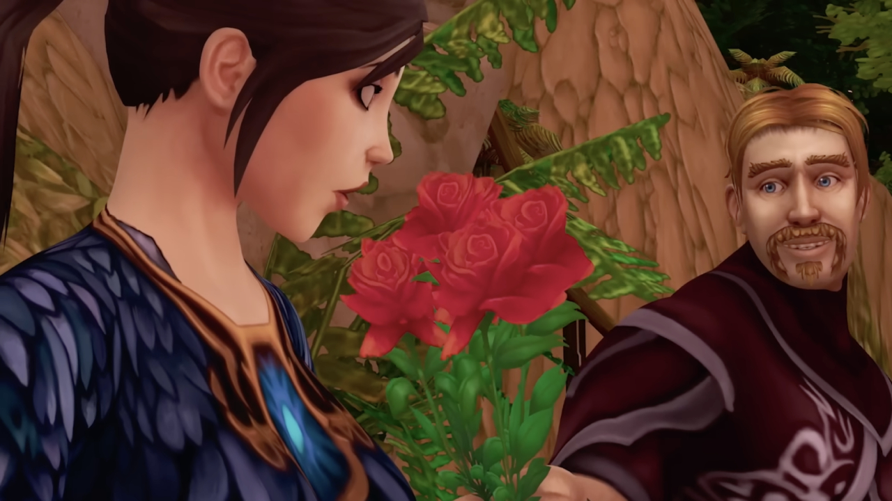 Ibelin giving flowers to Rumor in World of Warcraft