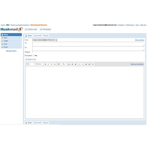 Hushmail image: Composing a new email is simple, and the composition window is clearly marked.