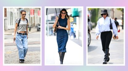 Spring fashion: Bella Hadid pictured wearing wide-leg jeans, alongside a picture of Kendall Jenner wearing a denim dress and Lori Harvey wearing black leggings, boots and Prada Bucket hat/ in a purple, pink and green template