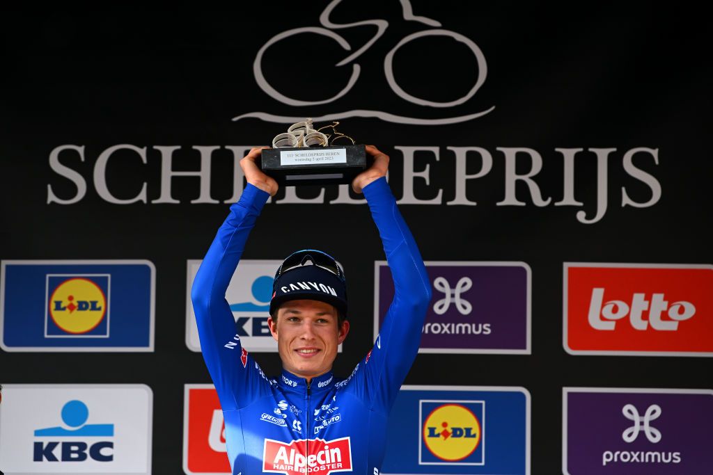 SCHOTEN BELGIUM APRIL 05 Jasper Philipsen of Belgium and Team AlpecinDeceuninck celebrates at podium as race winner during the 111th Scheldeprijs 2023 Mens Elite a 2053km one day race from Terneuzen to Schoten on April 05 2023 in Schoten Belgium Photo by Luc ClaessenGetty Images