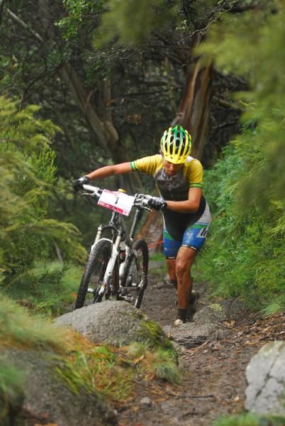 Rowena Fry had to dismount as did many on the tough rocky climb