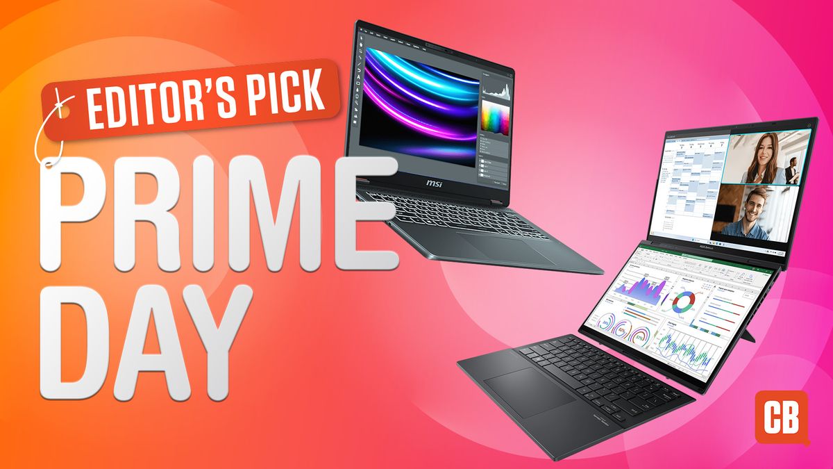 Two laptops on an orange/red background next to the letters Editor&#039;s Pick Prime Day