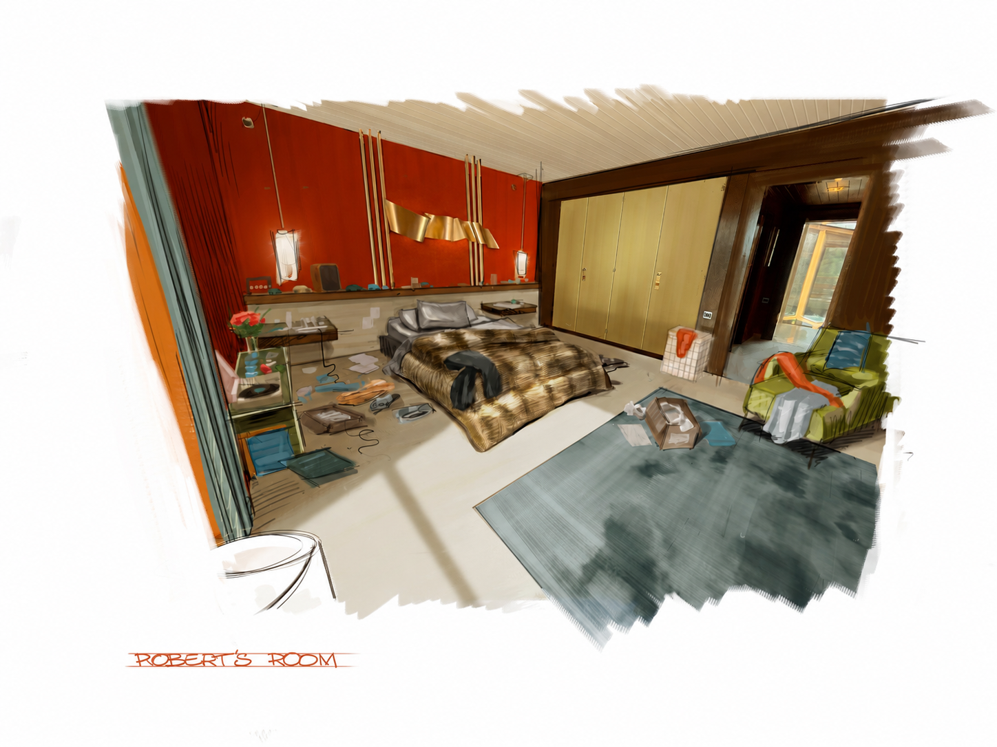 Sketch of a sumptuous bedroom designed with a red-painted wall, a brown one, lots of golden decor, leopard-print bedsheets, scattered objects, and a teal rug.